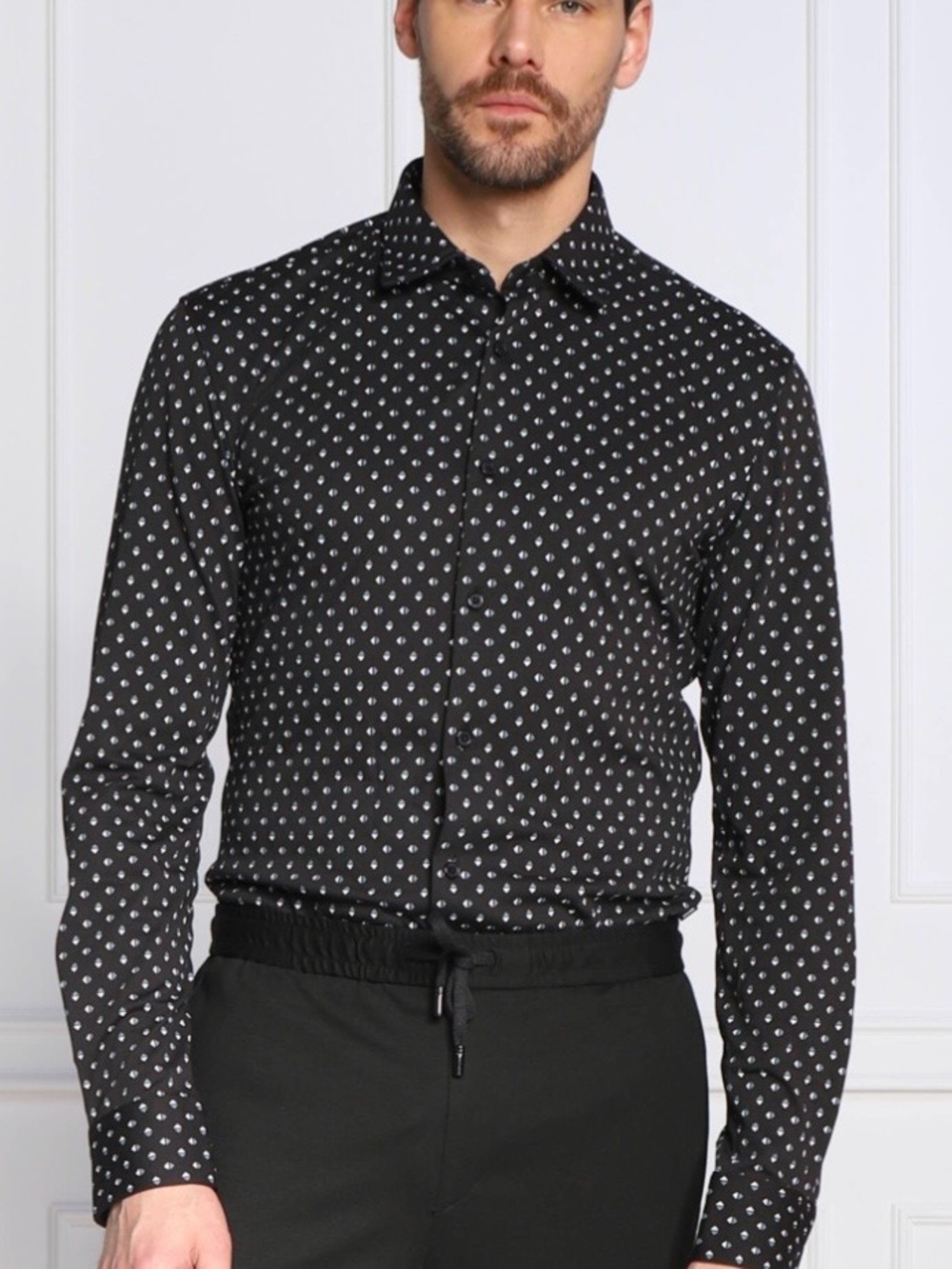 Boss Black Button-Down Shirt with White Micro Dot Pattern